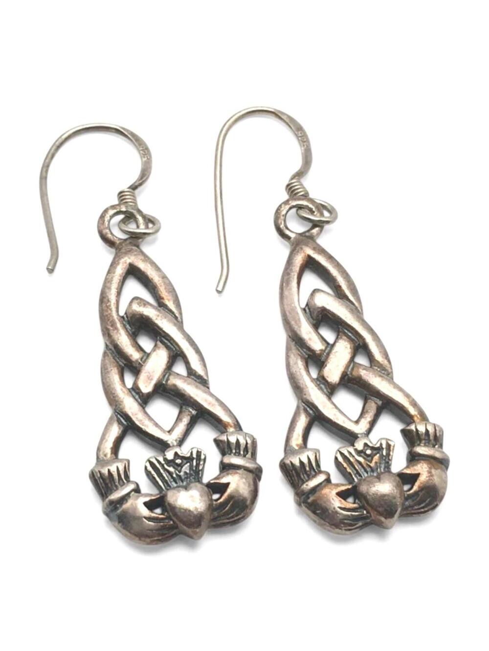 Vintage Silver Celtic Claddagh Hands Holding Heart Drop Earrings